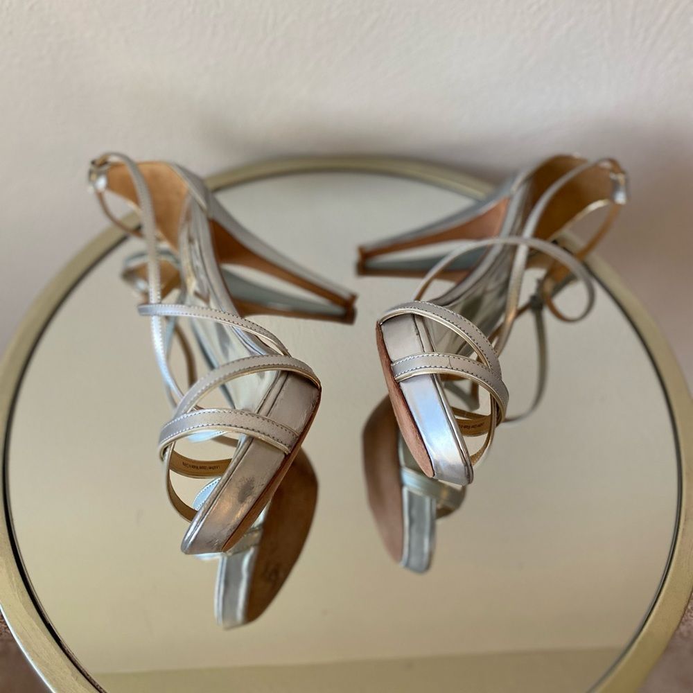 Badgley Mischka silver sandal heels. Minor flaws. Great condition! Size 9.5M